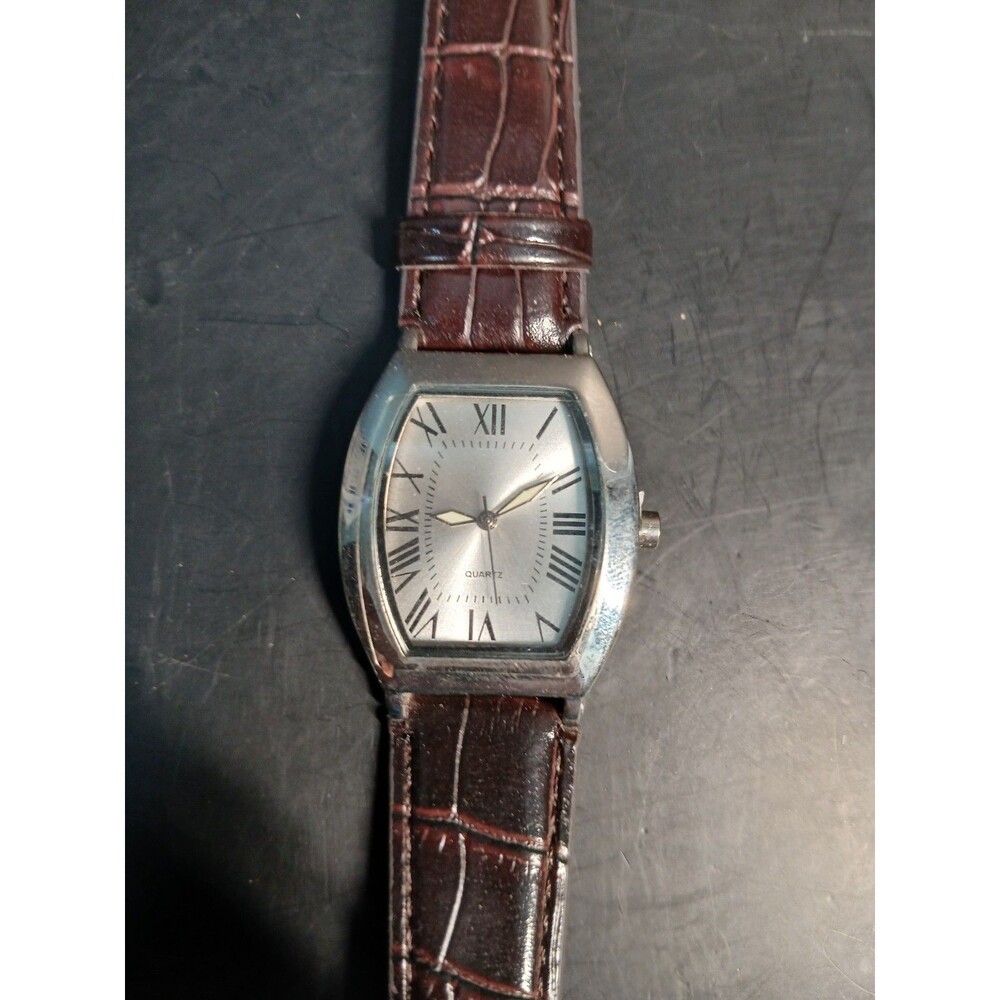 SKC Quartz Tonneau Watch Roman Numeral Dial Brown Leather Strap New Battery